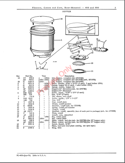 JOHN DEERE 480,680 COTTON & CORN PLANTER PC428 - PARTS CATALOG MANUAL