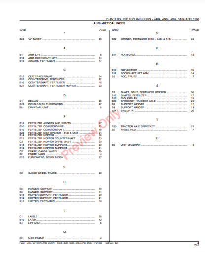 JOHN DEERE 4484, 4684, 4884, 5184, 5186 COTTON & CORN PLANTERS PC1036 - PARTS CATALOG MANUAL