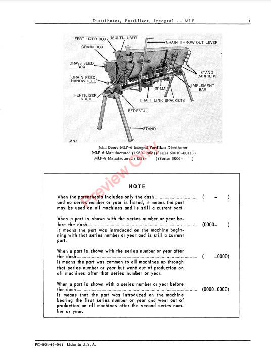 JOHN DEERE INTEGRAL FERTILIZER DISTRIBUTOR - MLF PC604 - PARTS CATALOG MANUAL