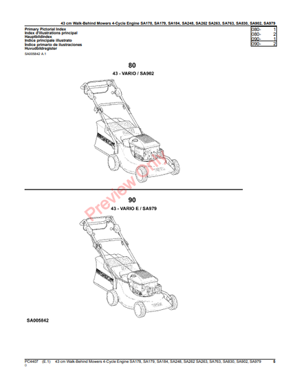 JOHN DEERE 43CM ELECTRIC WALK-BEHIND MOWERS 4-CYCLE-SA178, SA179, SA184, SA248, SA262, SA263, SA763, SA830, SA902, S PC4407 - PARTS CATALOG MANUAL