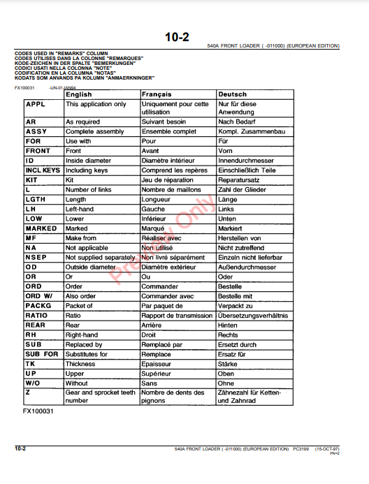 JOHN DEERE 540A FRONT LOADER (EUROPEAN EDITION) PC3199 - PARTS CATALOG MANUAL