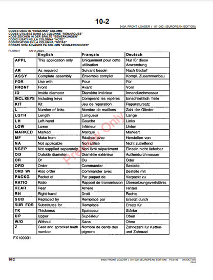 JOHN DEERE 540A FRONT LOADER (EUROPEAN EDITION) PC3199 - PARTS CATALOG MANUAL