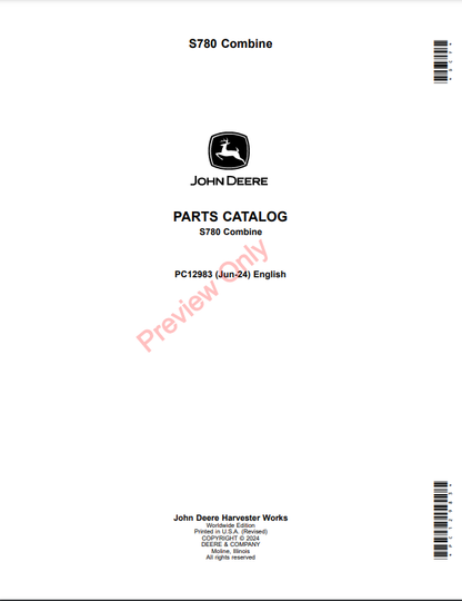 JOHN DEERE S780 COMBINE PC12983 - PARTS CATALOG MANUAL