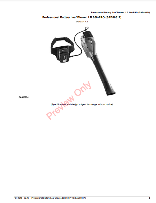 JOHN DEERE PROFESSIONAL BATTERY LEAF BLOWER, LB 860-PRO (SAB80817) PC14215 - PARTS CATALOG MANUAL