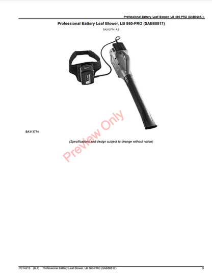 JOHN DEERE PROFESSIONAL BATTERY LEAF BLOWER, LB 860-PRO (SAB80817) PC14215 - PARTS CATALOG MANUAL