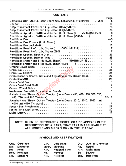 JOHN DEERE INTEGRAL FERTILIZER DISTRIBUTOR - MLF PC604 - PARTS CATALOG MANUAL