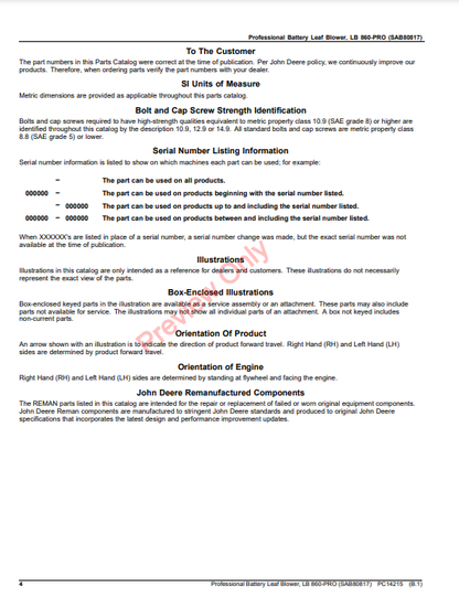 JOHN DEERE PROFESSIONAL BATTERY LEAF BLOWER, LB 860-PRO (SAB80817) PC14215 - PARTS CATALOG MANUAL