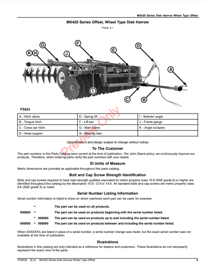 JOHN DEERE MX425 SERIES DISK HARROW WHEEL TYPE OFFSET PC6033 - PARTS CATALOG MANUAL