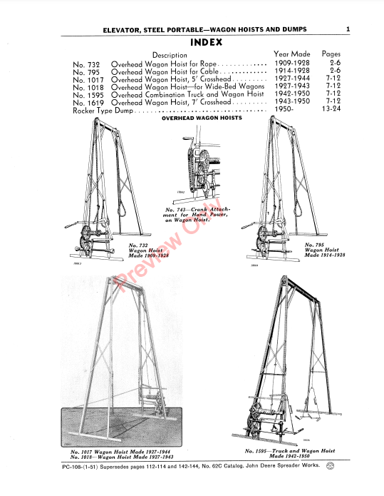 JOHN DEERE STEEL PORTABLE ELEVATOR-WAGON HOISTS & DUMPS PC108 - PARTS CATALOG MANUAL