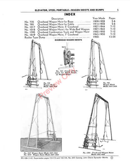 JOHN DEERE STEEL PORTABLE ELEVATOR-WAGON HOISTS & DUMPS PC108 - PARTS CATALOG MANUAL