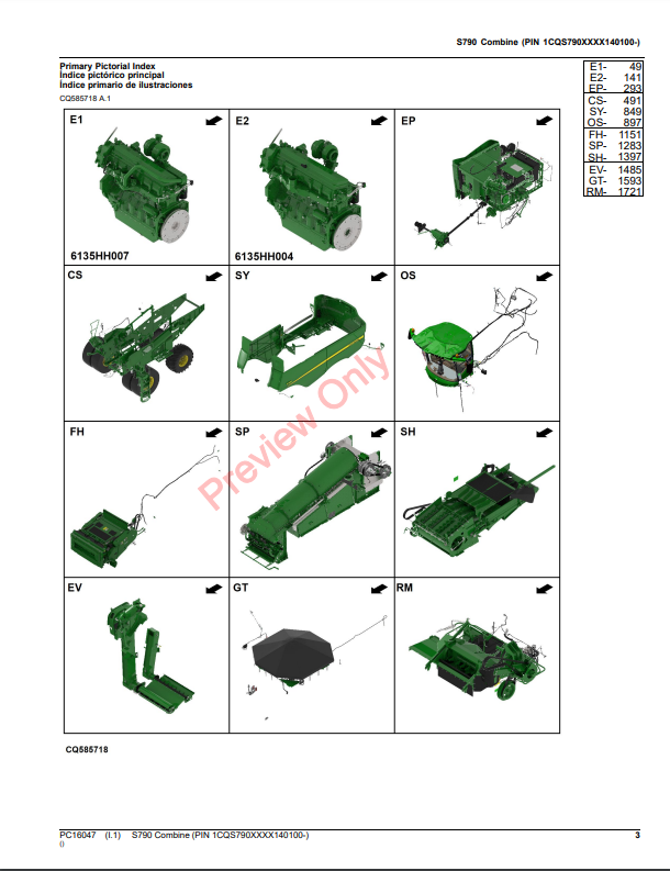 JOHN DEERE S790 COMBINE PC16047 - PARTS CATALOG MANUAL