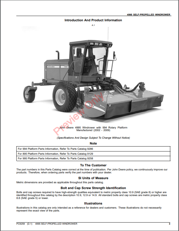 JOHN DEERE 4995 SELF-PROPELLED WINDROWER PC9259 - PARTS CATALOG MANUAL