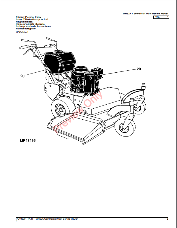 JOHN DEERE WH52A COMMERCIAL WALK-BEHIND MOWER PC10500 - PARTS CATALOG MANUAL