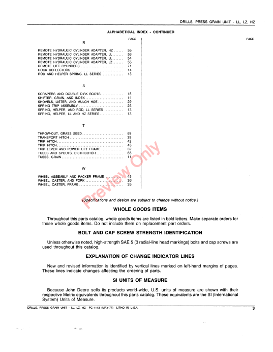 JOHN DEERE LL-LZ-HZ PRESS GRAIN UNIT DRILLS PC1113 - PARTS CATALOG MANUAL