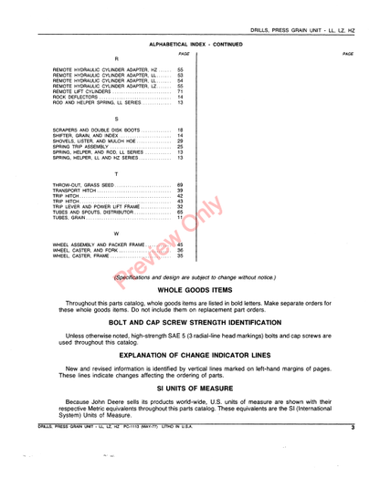 JOHN DEERE LL-LZ-HZ PRESS GRAIN UNIT DRILLS PC1113 - PARTS CATALOG MANUAL