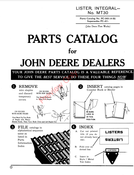 JOHN DEERE INTEGRAL LISTER - NO.MT30 PC243 - PARTS CATALOG MANUAL