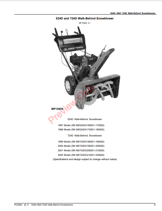 JOHN DEERE 524D AND 724D WALK-BEHIND SNOWBLOWERS PC2569 - PARTS CATALOG MANUAL