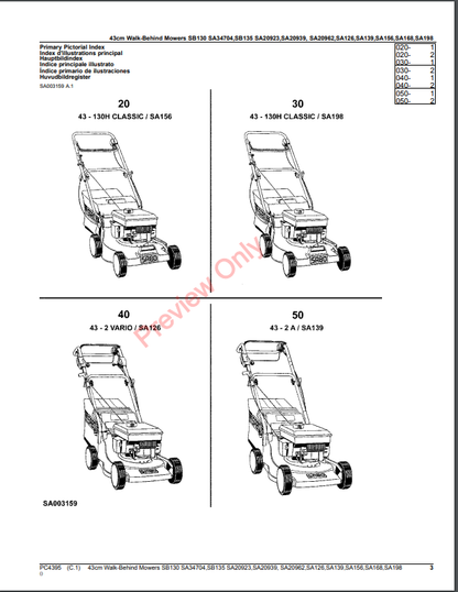 JOHN DEERE 43CM WALK-BEHIND MOWERS 2-CYCLE ENGINE SB130, SA34704, SB135, SA20923, SA20939, SA20962, SA126, SA139, SA PC4395 - PARTS CATALOG MANUAL