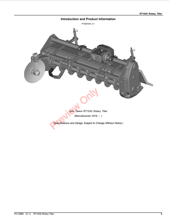 JOHN DEERE RT1035 ROTARY TILLER PC12969 - PARTS CATALOG MANUAL