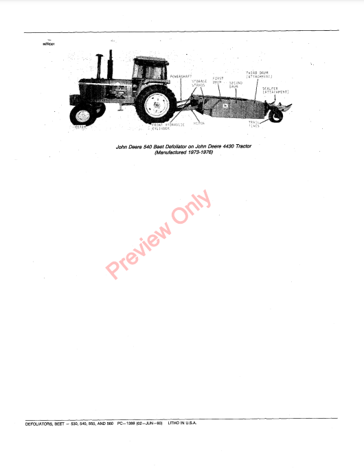 JOHN DEERE 530, 540, 550, 560 BEET DEFOLIATORS PC1388 - PARTS CATALOG MANUAL