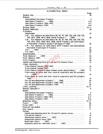 JOHN DEERE 52 HAY STACKER PC849 - PARTS CATALOG MANUAL