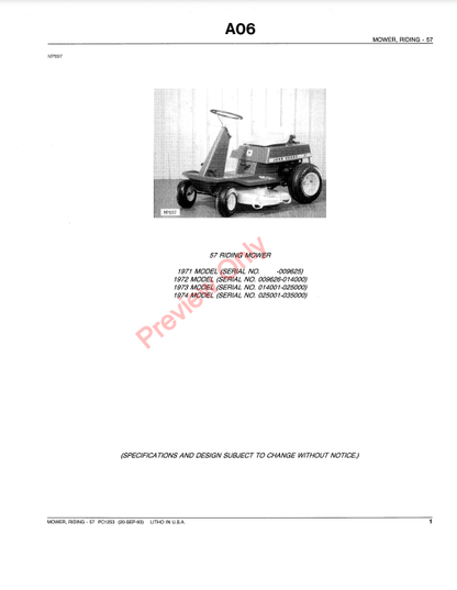 JOHN DEERE 57 RIDING MOWER PC1253 - PARTS CATALOG MANUAL