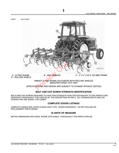 JOHN DEERE RM SERIES TWO-CROP CULTIVATORS PC1273 - PARTS CATALOG MANUAL