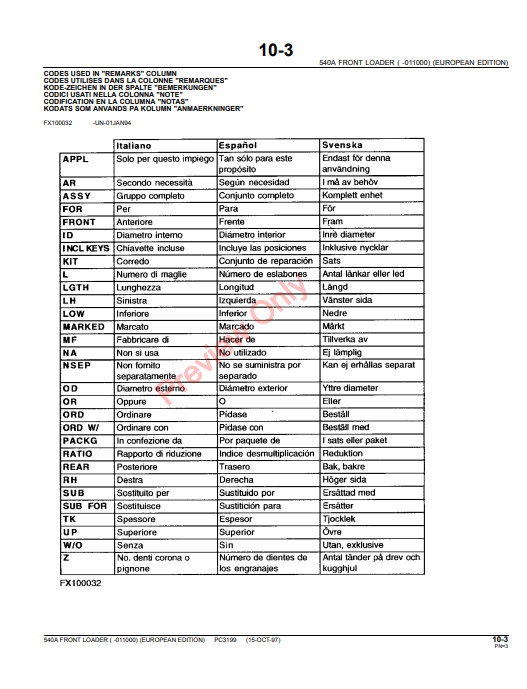 JOHN DEERE 540A FRONT LOADER (EUROPEAN EDITION) PC3199 - PARTS CATALOG MANUAL