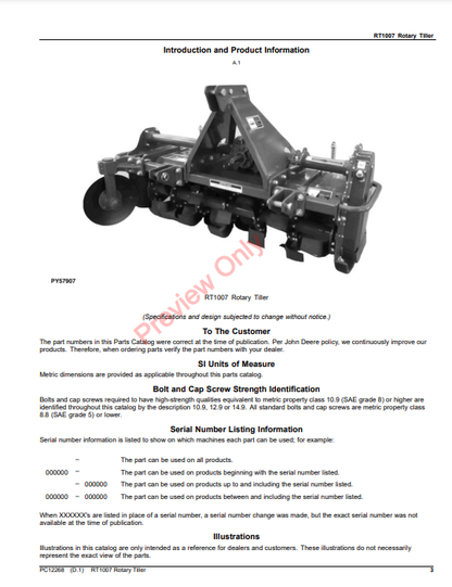 JOHN DEERE RT1007 ROTARY TILLER PC12268 - PARTS CATALOG MANUAL