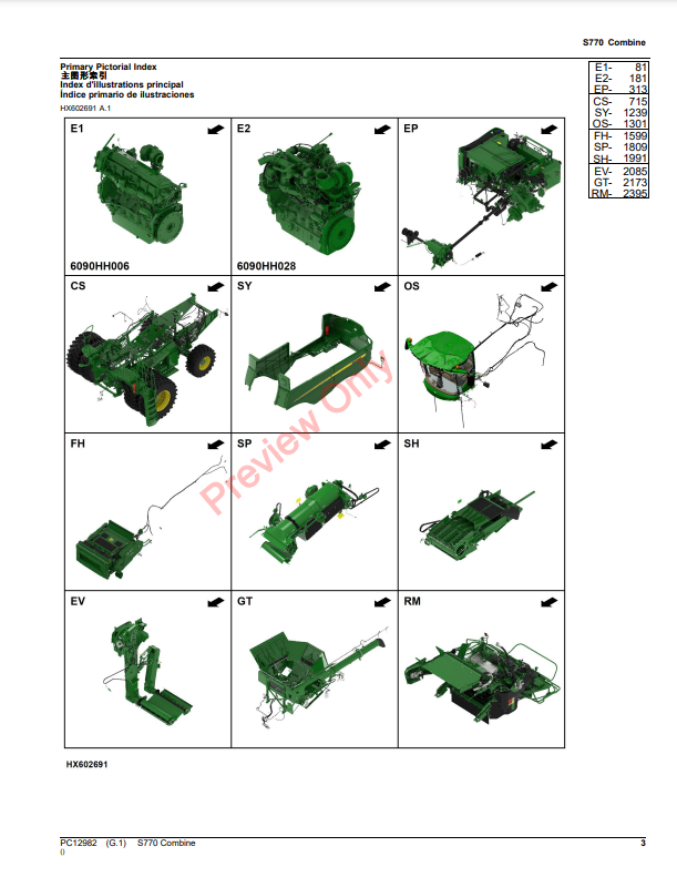 JOHN DEERE S770 COMBINE PC12982 - PARTS CATALOG MANUAL