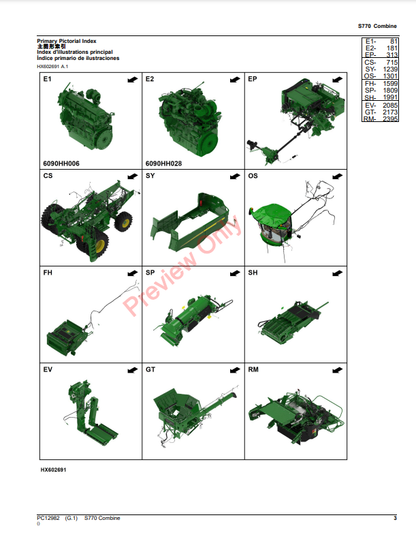 JOHN DEERE S770 COMBINE PC12982 - PARTS CATALOG MANUAL