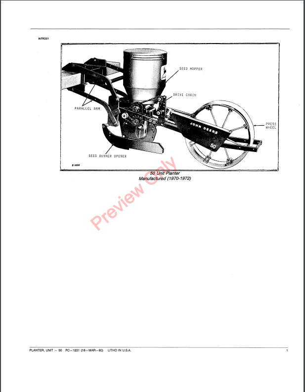 JOHN DEERE 50 UNIT PLANTER PC1231 - PARTS CATALOG MANUAL