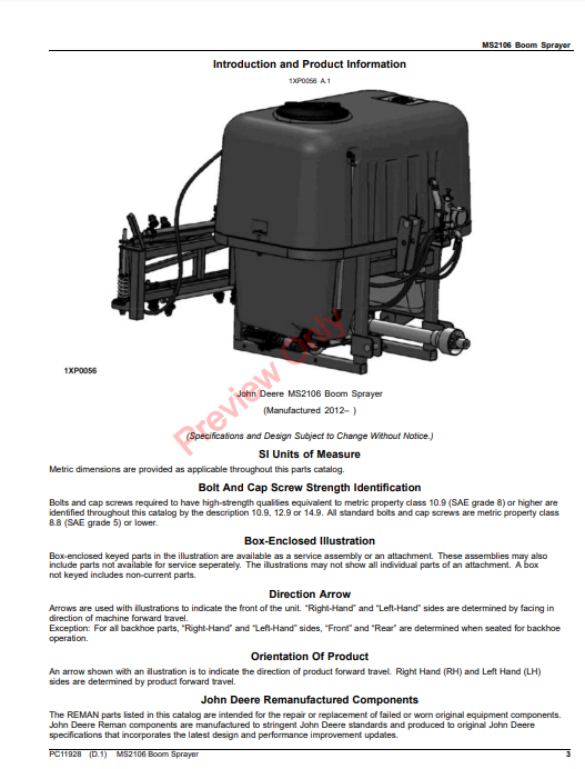 JOHN DEERE MS2106 BOOM SPRAYER PC11928 - PARTS CATALOG MANUAL