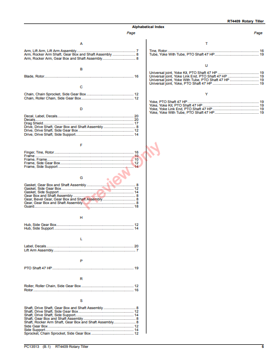 JOHN DEERE RT4409 ROTARY TILLER PC13513 - PARTS CATALOG MANUAL