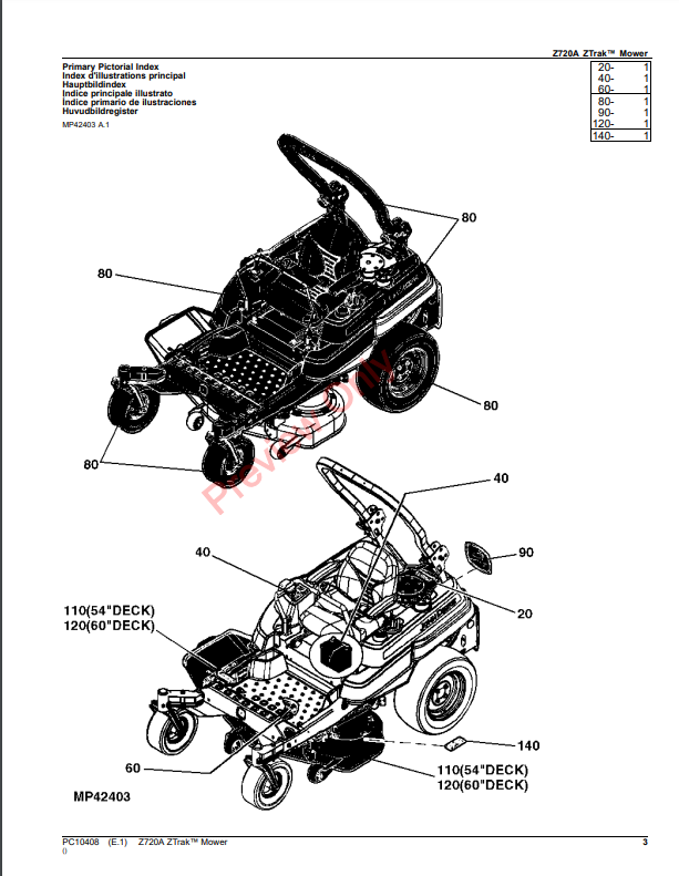 JOHN DEERE Z720A ZTRAK MOWER PC10408 - PARTS CATALOG MANUAL