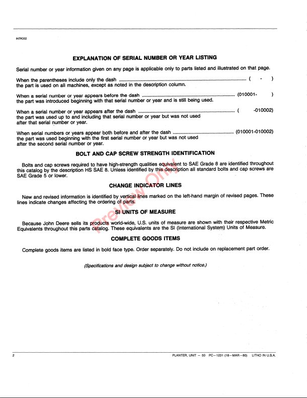 JOHN DEERE 50 UNIT PLANTER PC1231 - PARTS CATALOG MANUAL