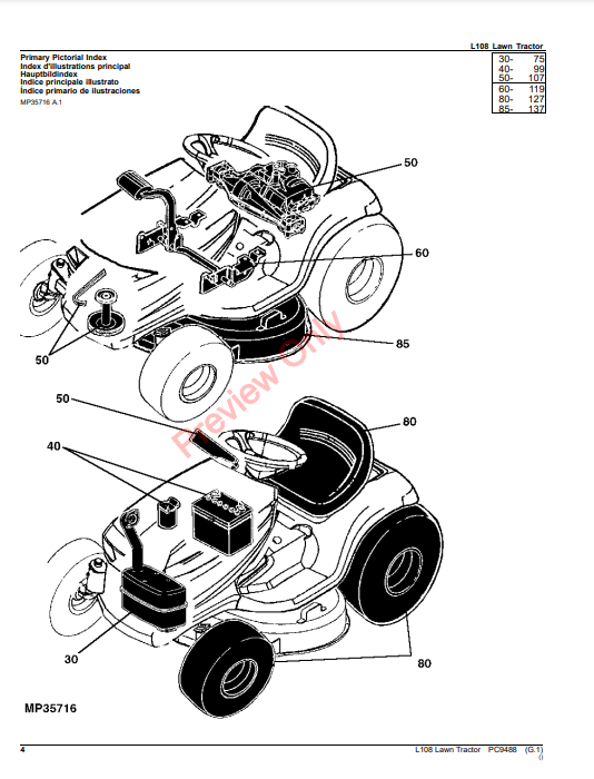 JOHN DEERE L108 LAWN TRACTOR PC9488 - PARTS CATALOG MANUAL