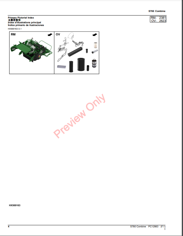 JOHN DEERE S780 COMBINE PC12983 - PARTS CATALOG MANUAL