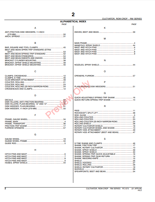 JOHN DEERE RM SERIES TWO-CROP CULTIVATORS PC1273 - PARTS CATALOG MANUAL