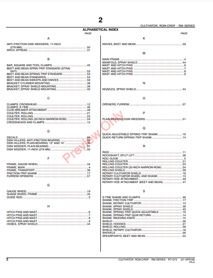 JOHN DEERE RM SERIES TWO-CROP CULTIVATORS PC1273 - PARTS CATALOG MANUAL