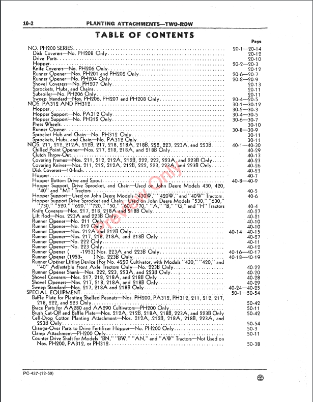 JOHN DEERE TWO-ROW PLANTING ATTACHMENTS PC437 - PARTS CATALOG MANUAL