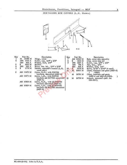 JOHN DEERE INTEGRAL FERTILIZER DISTRIBUTOR - MLF PC604 - PARTS CATALOG MANUAL