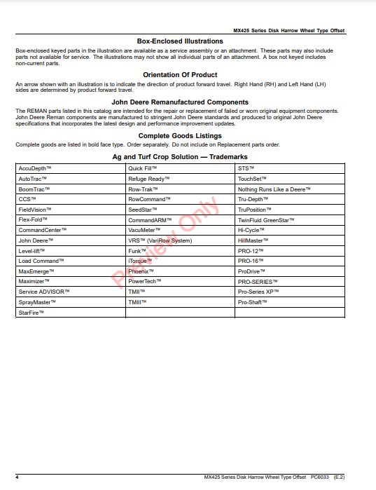 JOHN DEERE MX425 SERIES DISK HARROW WHEEL TYPE OFFSET PC6033 - PARTS CATALOG MANUAL