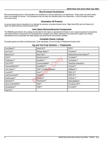 JOHN DEERE MX425 SERIES DISK HARROW WHEEL TYPE OFFSET PC6033 - PARTS CATALOG MANUAL