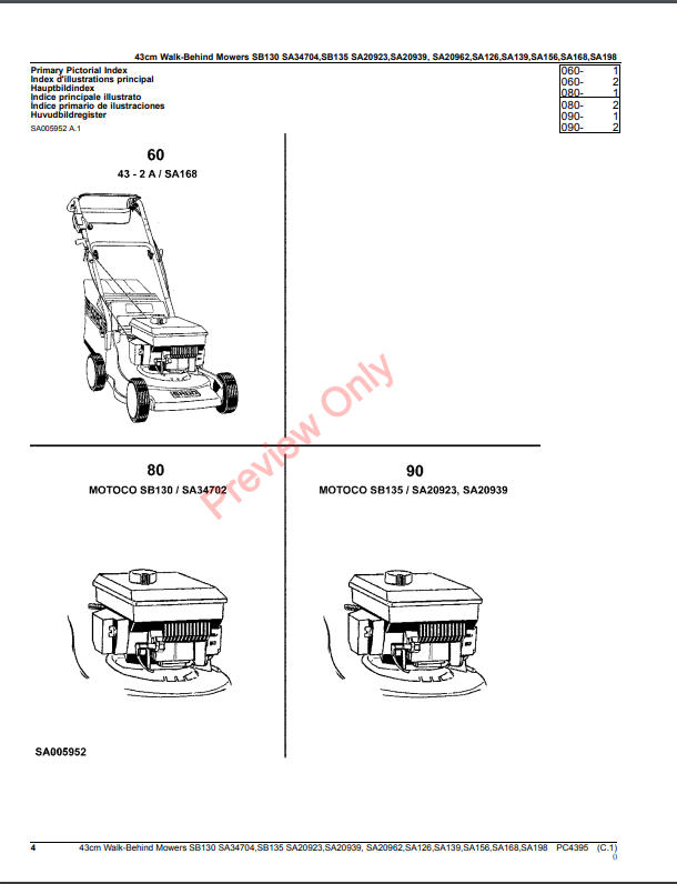 JOHN DEERE 43CM WALK-BEHIND MOWERS 2-CYCLE ENGINE SB130, SA34704, SB135, SA20923, SA20939, SA20962, SA126, SA139, SA PC4395 - PARTS CATALOG MANUAL