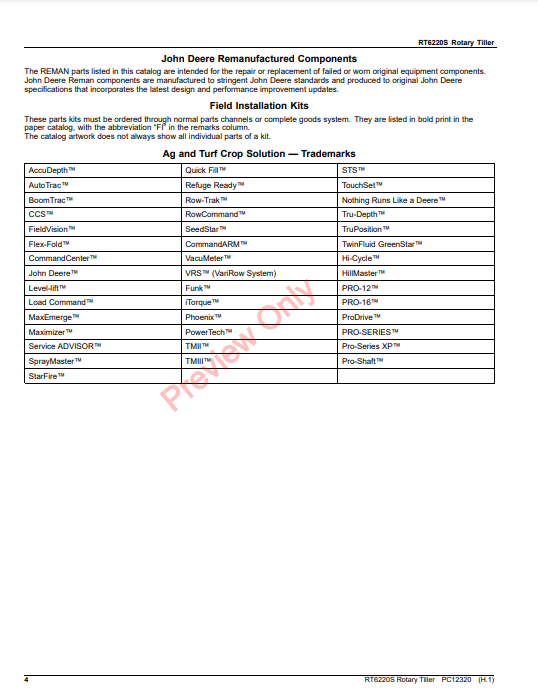 JOHN DEERE RT6220S ROTARY TILLER PC12320 - PARTS CATALOG MANUAL