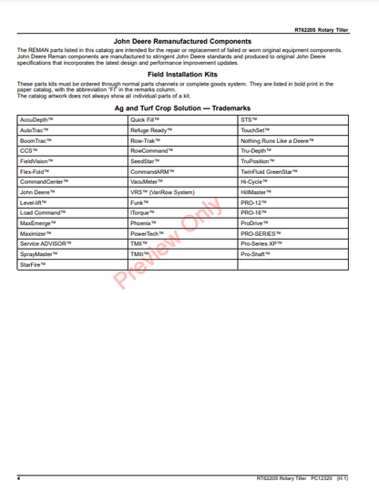 JOHN DEERE RT6220S ROTARY TILLER PC12320 - PARTS CATALOG MANUAL