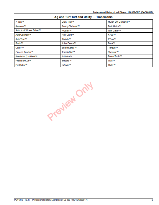 JOHN DEERE PROFESSIONAL BATTERY LEAF BLOWER, LB 860-PRO (SAB80817) PC14215 - PARTS CATALOG MANUAL