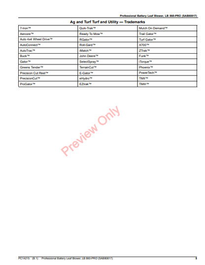 JOHN DEERE PROFESSIONAL BATTERY LEAF BLOWER, LB 860-PRO (SAB80817) PC14215 - PARTS CATALOG MANUAL