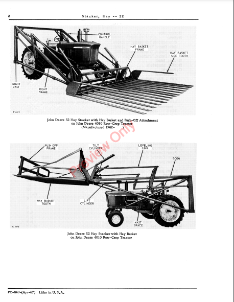 JOHN DEERE 52 HAY STACKER PC849 - PARTS CATALOG MANUAL